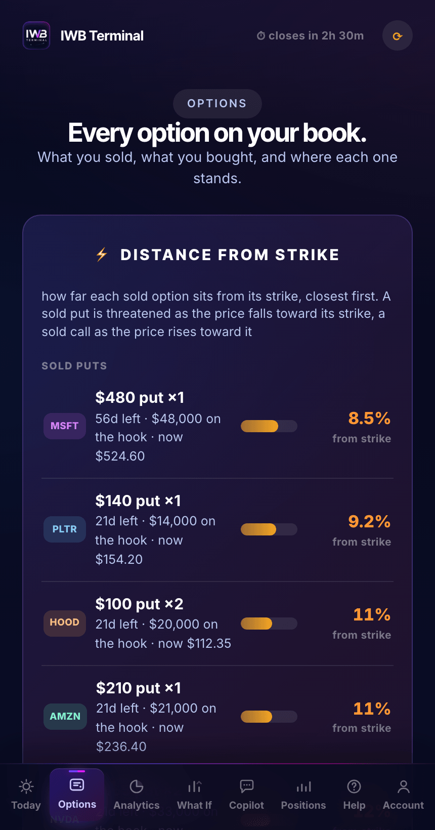 Distance from strike for every sold option on the Analytics tab, closest first